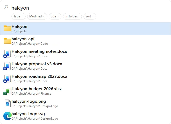 Scry's search bar with "halcyon" typed: matching folders, Word and Excel files listed as you type
